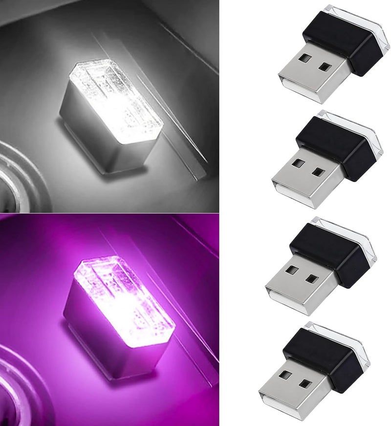 Hbxdeco 4 قطع مصباح داخلي LED للسيارة، ضوء ليلي صغير محمول، مجموعة إضاءة محيطية بواجهة USB، ملحقات داخلية عالمية للسيارة (أبيض + بنفسجي) - Image 1